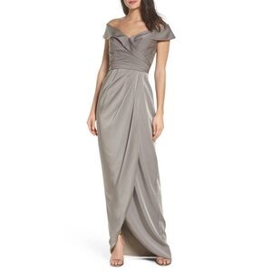 LA FEMME Surplice Off the Shoulder Column Gown Pewter Size 10 Dress